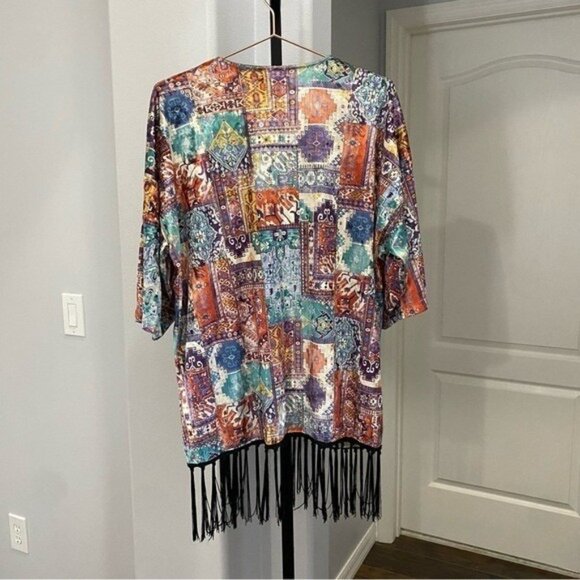 Pull & Bear Velour Hippie Kimono Bohemian Open Front Fringe Aztec Size Medium - Picture 5 of 5